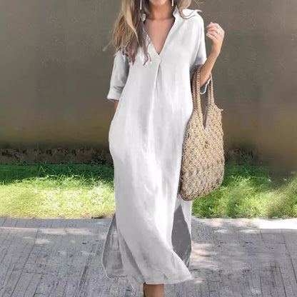 🌿💃 50% de descuento 🔥【40-100 kg】Vestido largo de lino para verano, escote en V, abertura lateral, cómodo ✅️Pago contra entrega