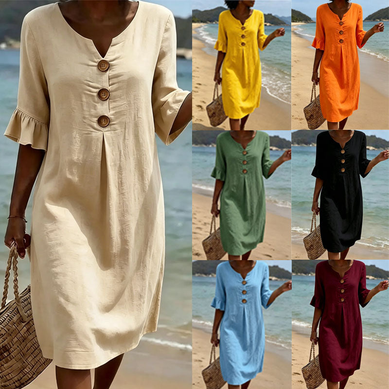 【S-3XL】Vestido de mujer de algodón y lino con mangas abullonadas y botones_4293805