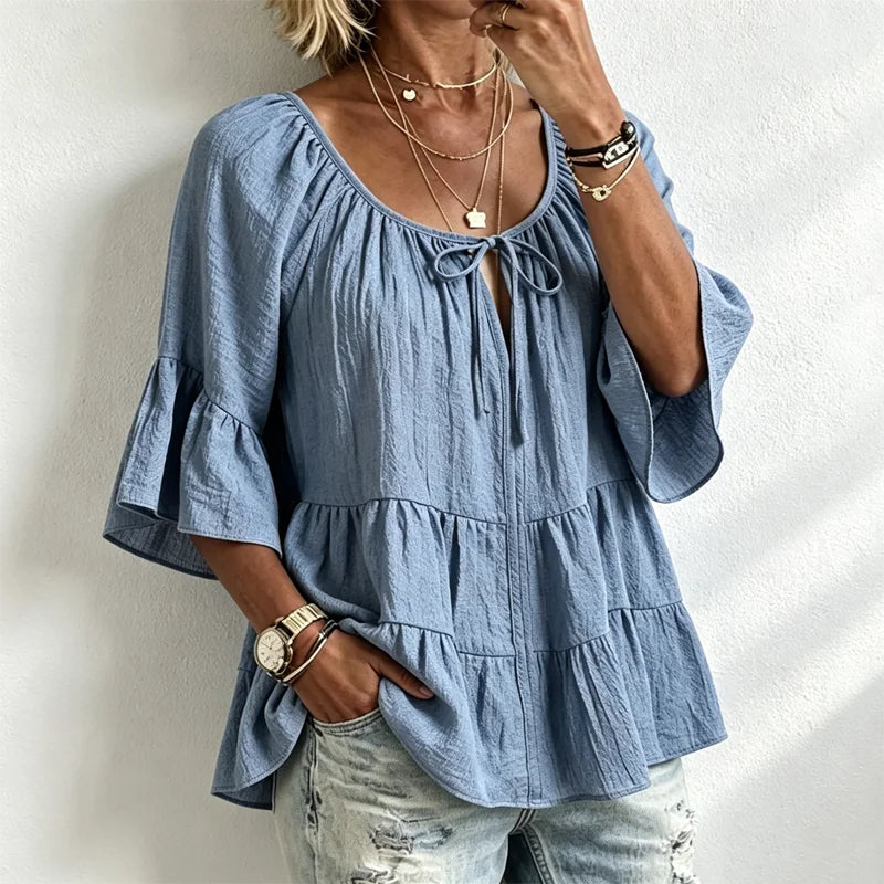 🌺🚶‍♀️Elegantní damská halenka s volánky a stahovací šňůrkou u výstřihu, tříčtvrteční zvonové rukávy, texturovaná košile v boho-chic stylu, ležérní peplum vzor