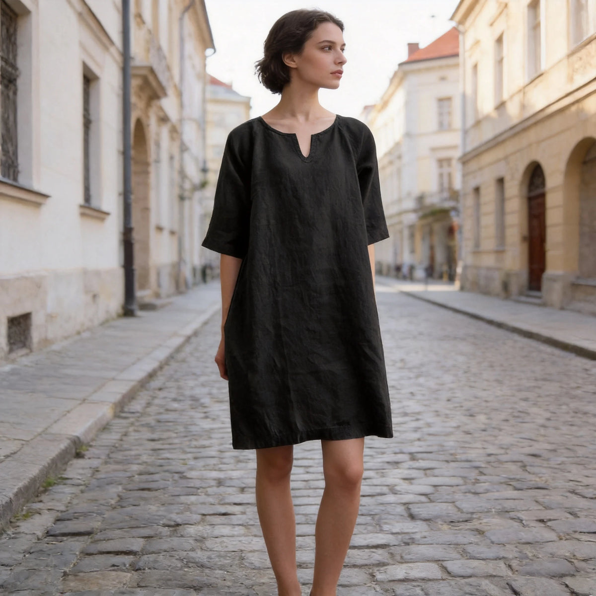 ✨【S–3XL】Dámské volné šaty z bavlny a lnu, s malým výstřihem do V, prodyšné, měkké a pohodlné na nošení