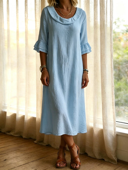 【S-3XL】Elegante vestido de mujer de algodón y lino con mangas abullonadas y cuello redondo 4288675
