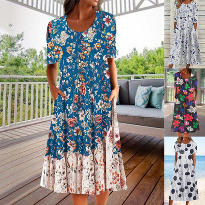 🌺👗 Letní hit【S–3XL】2026 Volné letní šaty s kulatým výstřihem a potiskem, prodyšné, pohodlné a snadno kombinovatelné