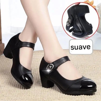 【35-42】Zapatos de cuero genuino con punta redonda y suela suave para mujer