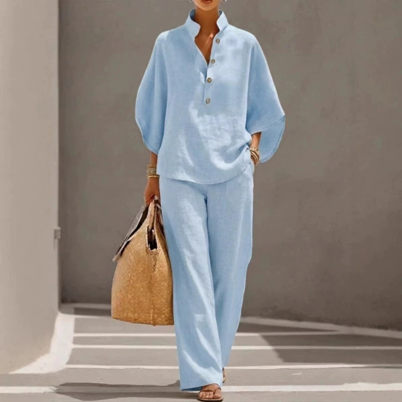 🌺✅ Letní novinka v akci【XS–5XL】Dámský volný set (top a široké kalhoty), svěží a prodyšný, módní a snadno kombinovatelný
