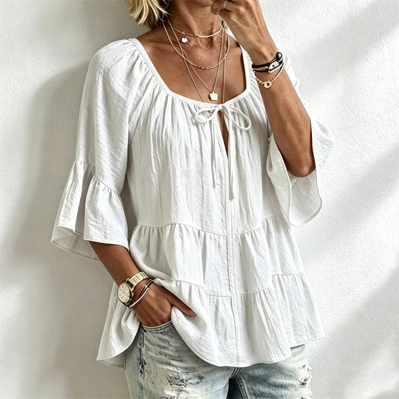 🌺🚶‍♀️Elegantní damská halenka s volánky a stahovací šňůrkou u výstřihu, tříčtvrteční zvonové rukávy, texturovaná košile v boho-chic stylu, ležérní peplum vzor