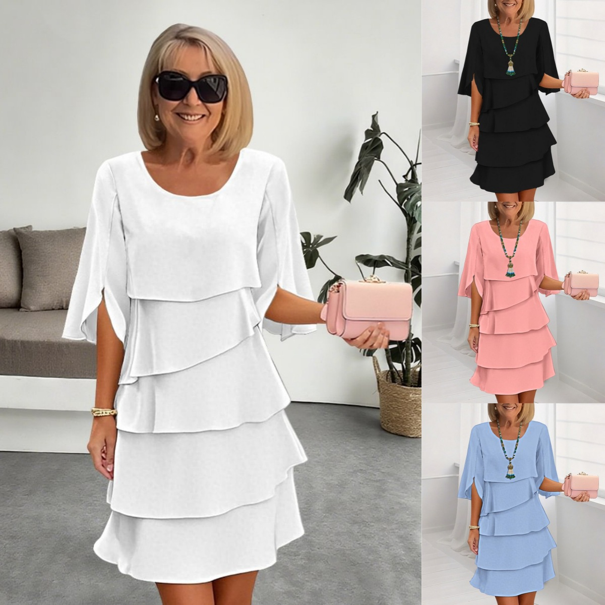 💃【S-3XL】🎁Elegantna večplastna obleka z nabranimi rokavi - brez napora ustvarite eleganten videz za vse priložnosti💃