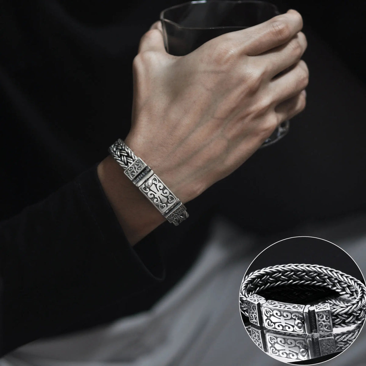 ✨✨Pulseras de hombre fabricadas en plata 925, tejidas a mano, anchas y gruesas, estilo retro trendy