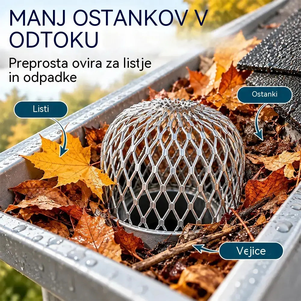 🍂 Komplet 10 zaščitnih mrežic proti zamašitvi žlebov in odtočnih cevi · Izdelane iz aluminijeve zlitine · Prilagodljiva oblika · Enostavna namestitev brez orodja!