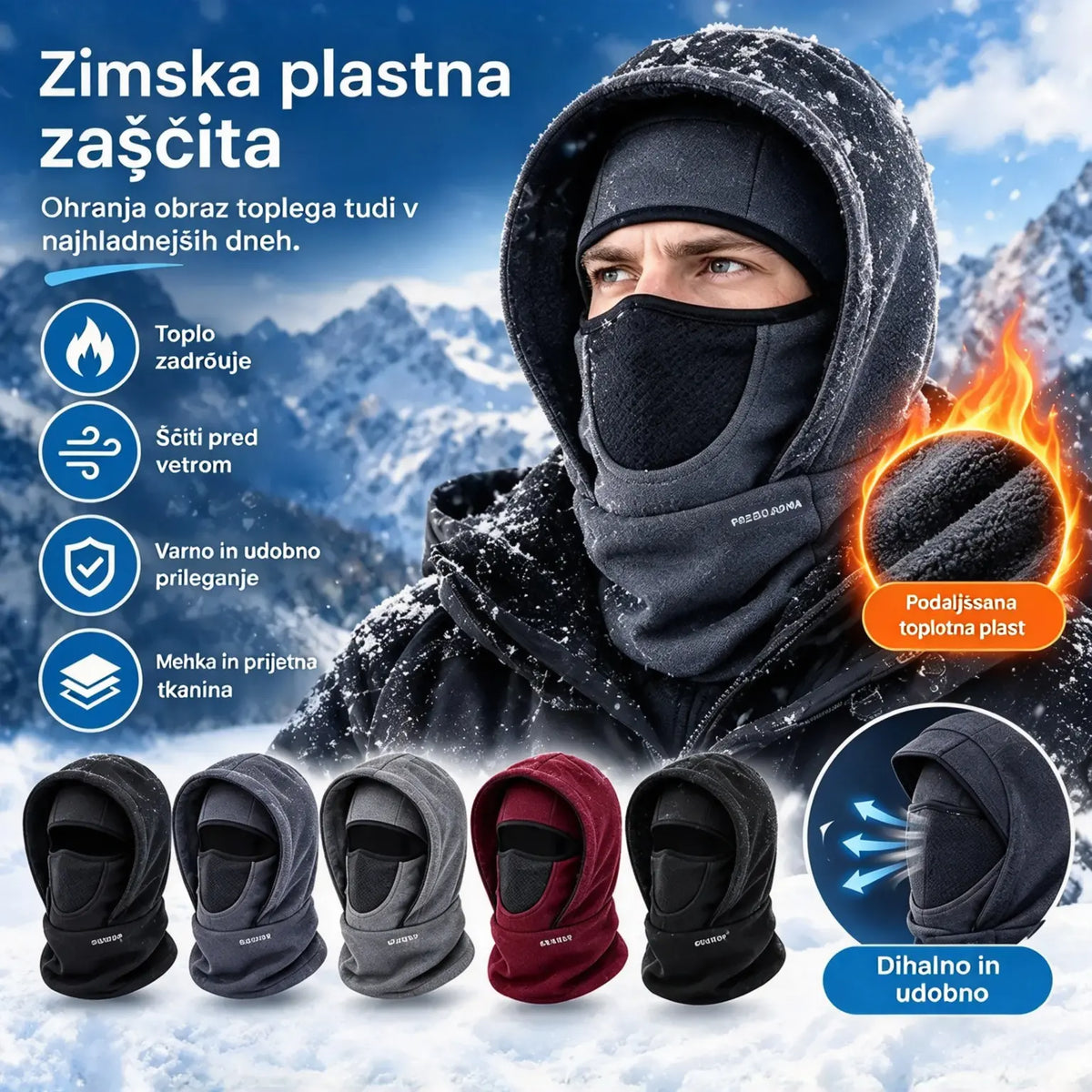 🎉🧣❄️ Topla, dvoslojna kapa iz flisa, ki je odporna proti vetru in ščiti obraz – popolna za zimo.