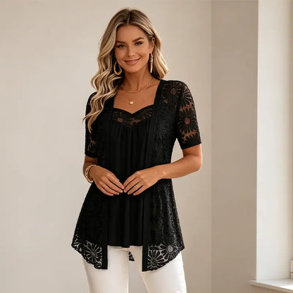 👚Pago contra entrega✅️【S-4XL】Elegantes blusas con efecto 2 en 1 con encaje y malla – Diseño que adelgaza el abdomen🌸✨