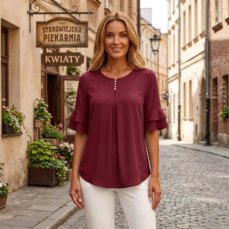 🍁【S-3XL】💥Elegantní šifonová halenka s volánky a rukávy pro ženy | Ležérní kancelářská košile s ozdobnými knoflíky, volný a vzdušný střih