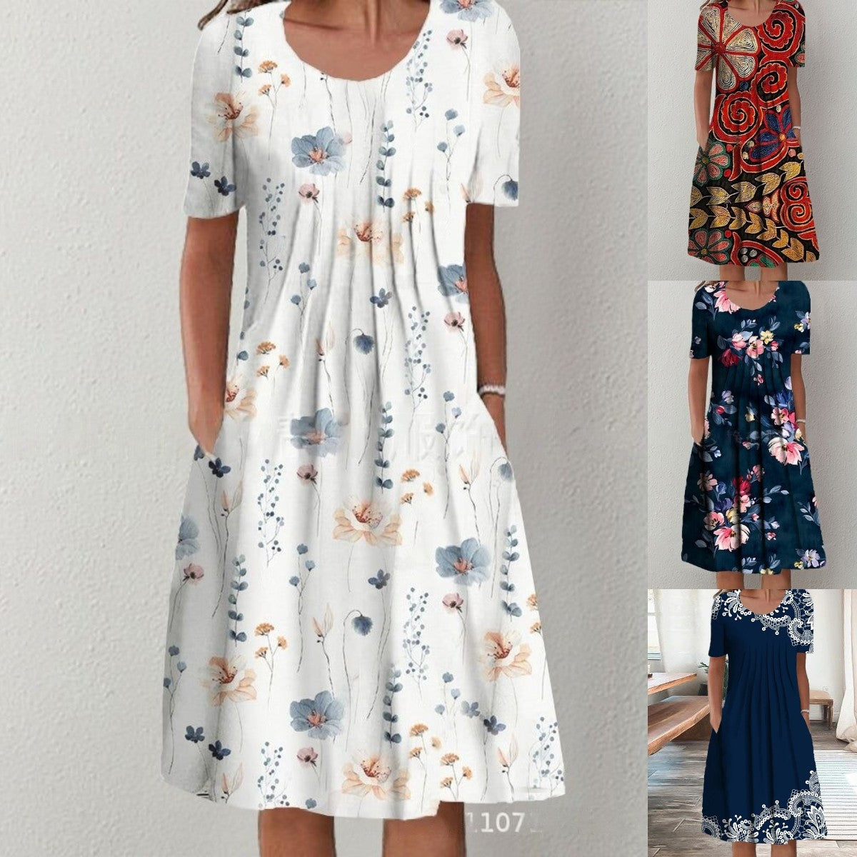 【50% de descuento】【Tallas S-5XL】🌺🌺 Vestido moderno con escote redondo y estampado.