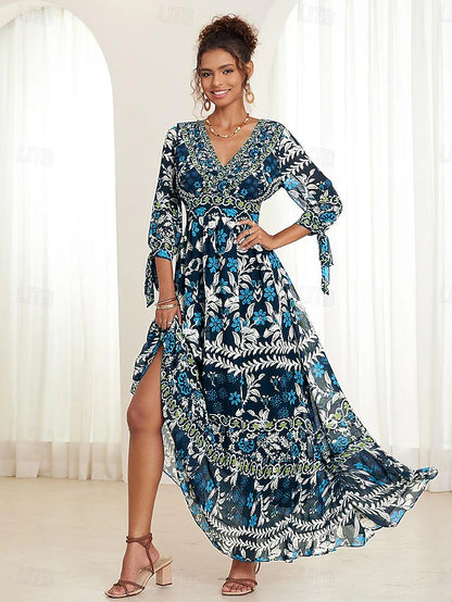 💟【S-5XL】👗Vestido largo con cuello en V y volantes florales para mujer,  estilo bohemio para vacaciones_4240764