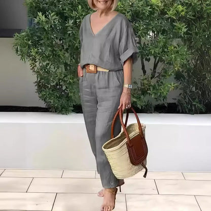 【S-5XL】Elegantní dámský komplet z lnu a bavlny: volná blůza s výstřihem do V a dlouhé kalhoty, měkký, prodyšný a příjemně chladivý materiál