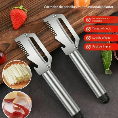 ✅【Kupte 1 a získejte 1 zdarma!】🧅🔪 Multifunkční kuchyňská škrabka 3 v 1: Loupá, krájí a otevírá víčka od lahví! 🔥