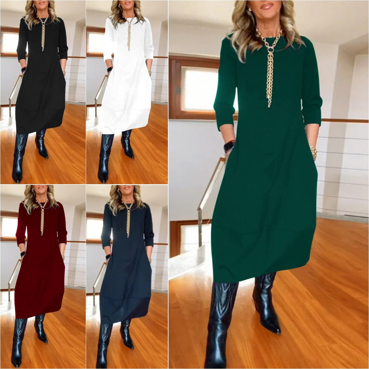 🔥【S-5XL】✨🙌Elegáns, egyszínű, hosszú ujjú ruha, kényelmes és praktikus, mindennapi viseletre alkalmas.