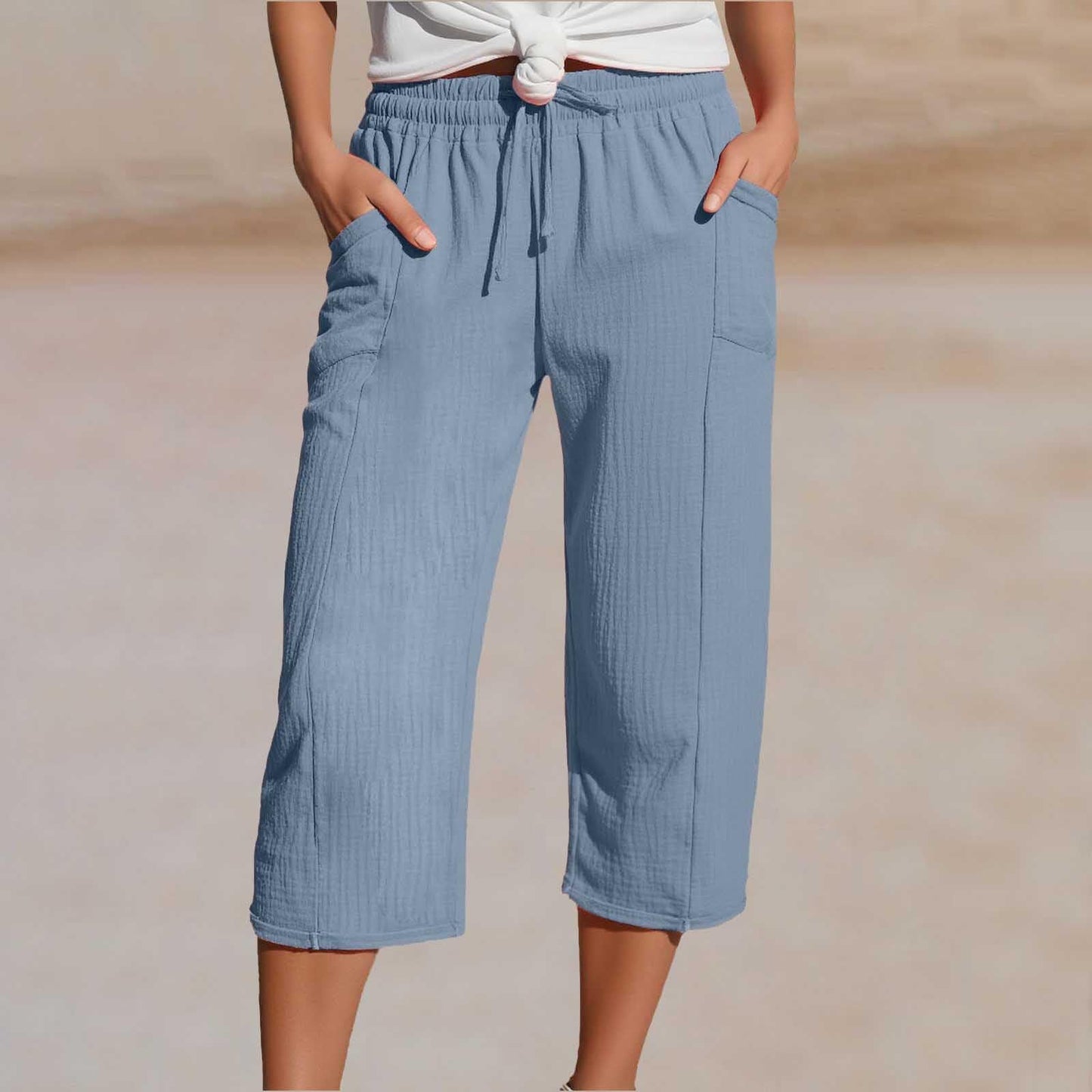 💖👖👖Ženske enobarvne kapri hlače z naborki iz bombaža in lana - hladne in zračne, laskajo obliki nog, elegantne in ležerne