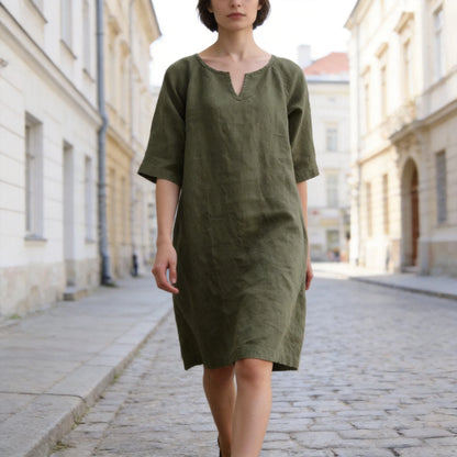 ✨【S–3XL】Dámské volné šaty z bavlny a lnu, s malým výstřihem do V, prodyšné, měkké a pohodlné na nošení