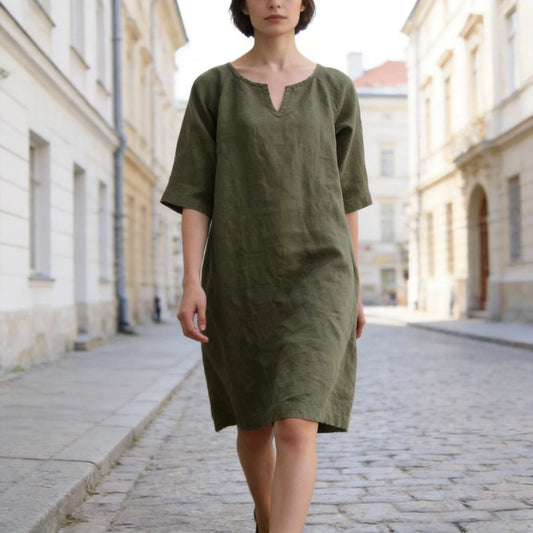 ✨【S–3XL】Dámské volné šaty z bavlny a lnu, s malým výstřihem do V, prodyšné, měkké a pohodlné na nošení