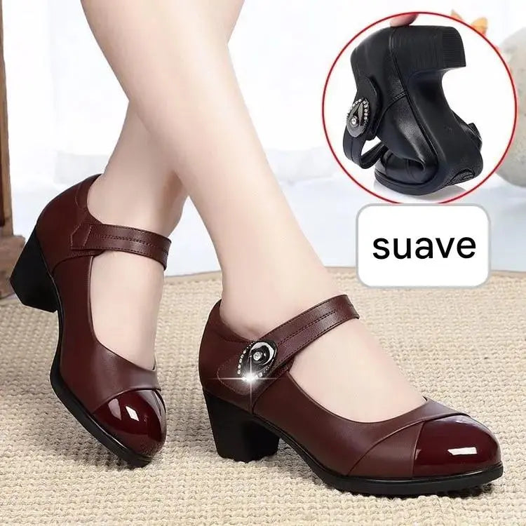 【35-42】Zapatos de cuero genuino con punta redonda y suela suave para mujer