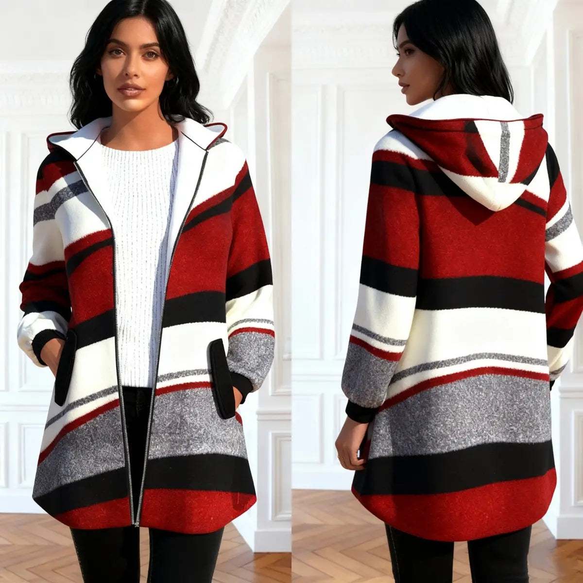 💕49% DE DESCUENTO - Nueva chaqueta holgada con capucha y rayas para mujer (tallas S-3XL)