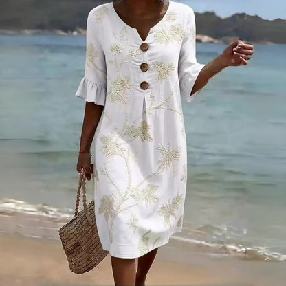 🌼👗【S-3XL】Dámské bavlněné a lněné šaty s nafoukanými rukávy a knoflíky