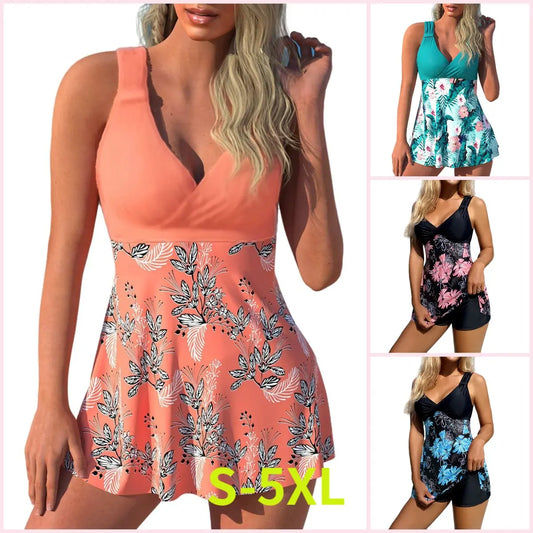 🌴🏖️🌈【S-5XL】😍Komplet kopalk za ženske z vzorcem plus size, odprt hrbet, razcepljeno krilo, hitro sušeča tkanina