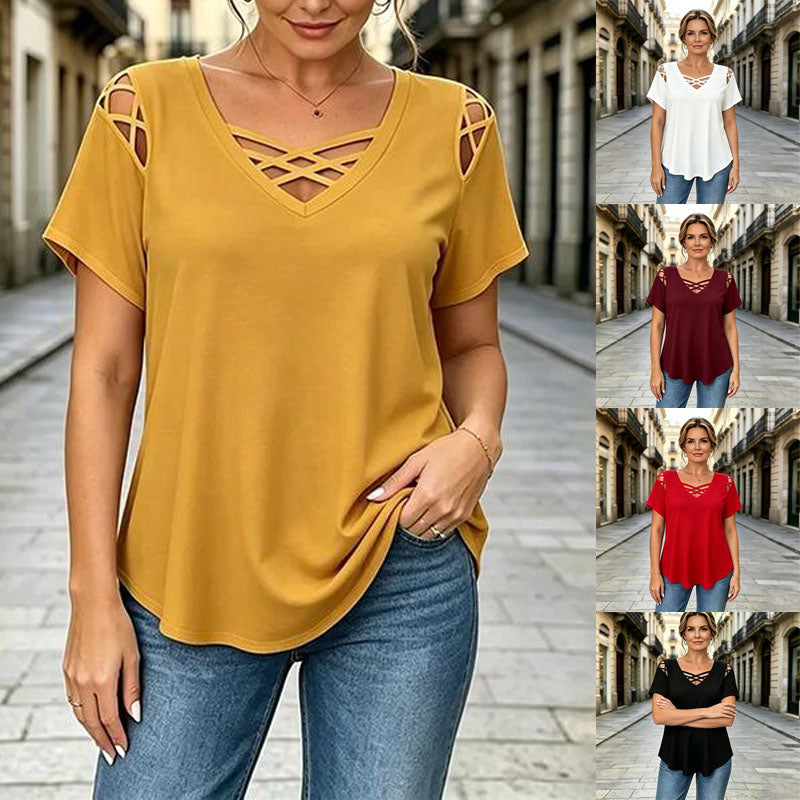 👚【Νέα συλλογή, προσφορά περιορισμένης διάρκειας】【S-5XL】Μπλούζα με V λαιμόκοψη από 100% βαμβάκι, με σταυρωτό σχέδιο και σκίσιμο, μοντέρνα και αναπνέουσα