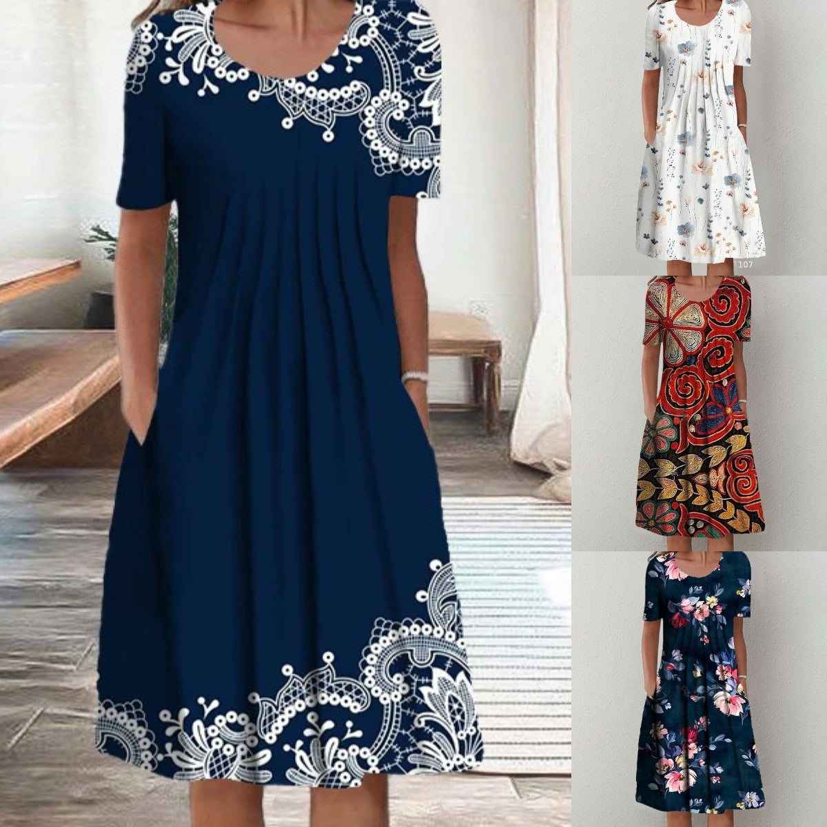👗⏳ 50 % de descuento【S-5XL】Vestido moderno con escote redondo y estampado.🌺