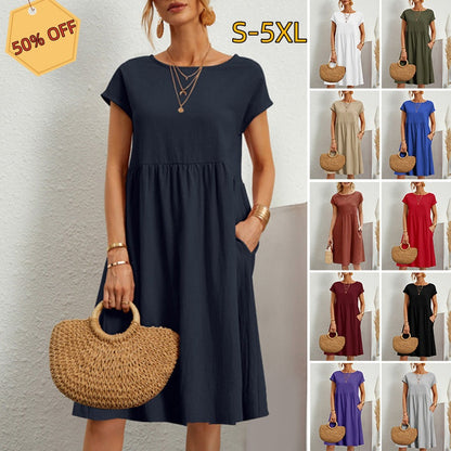 👗😘【S-5XL】 Pomladna obleka z okroglim izrezom za leto 2026 iz bombaža in lana.