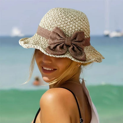 🎀🎀 -Nyní se slevou 50 %! 🌞 Elegantní pletený slaměný klobouk s mašlí – prodyšný a skládací, ideální volba na pláž i na cesty 👒