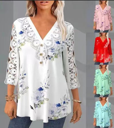 🔥【S–5XL】Elegantní blůza z krajky a šifonu – s výstřihem, 3/4 rukávy a výstřihem do V