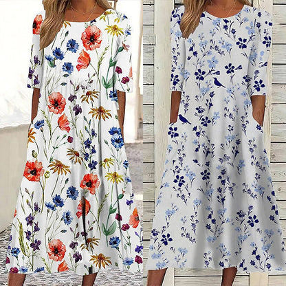 🌺👗 Letní hit【S–3XL】2026 Volné letní šaty s kulatým výstřihem a potiskem, prodyšné, pohodlné a snadno kombinovatelné