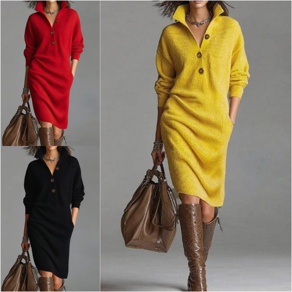 【S-3XL】✨🎉Nova pletena obleka z ovratnikom v evropskem in ameriškem slogu - Visoka kakovost