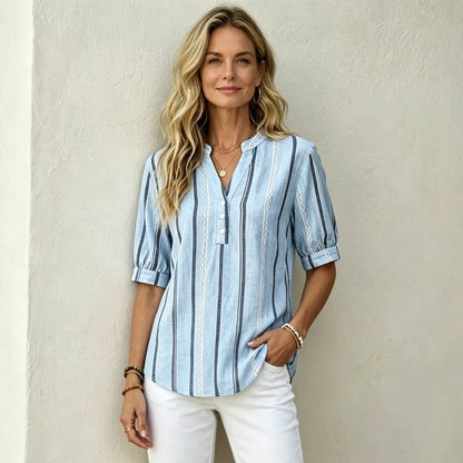 👚 🌺【 sleva 50 %】Letní pruhovaná halenka s krátkým rukávem z prodyšné směsi bavlny a lnu.