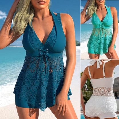 💥【S-2XL】🩱🌴Nové letní plavky, dvoudílná sada s dutým výstřihem a zavazováním  4245136