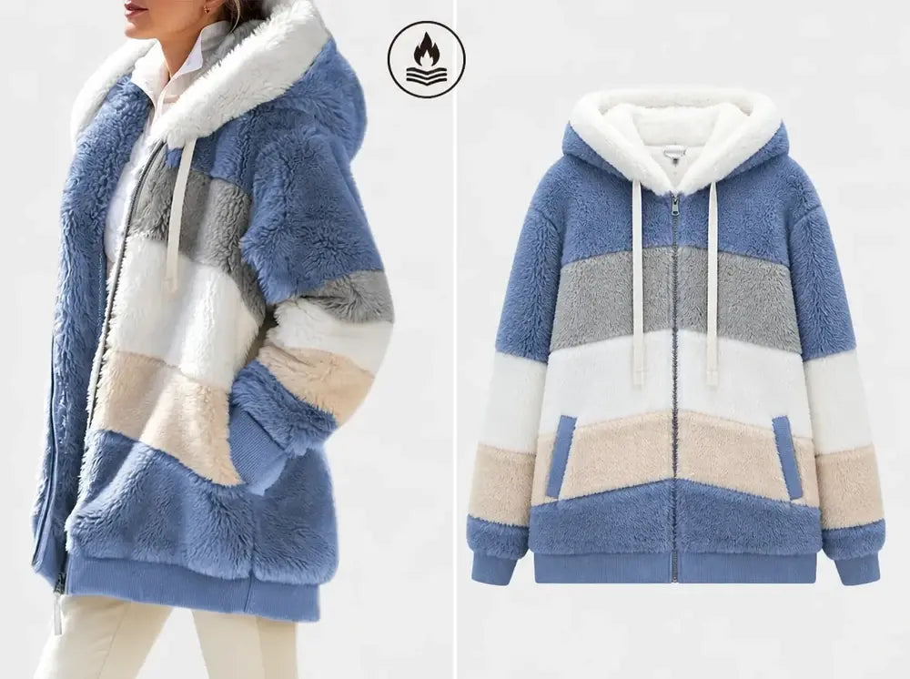 💥✨ 【Izjemna ponudba】 Nova ženska črtasta plišasta jakna s kombinacijo barv in dodatno podlogo [S–5XL] — Odlična toplota — Brezplačna dostava