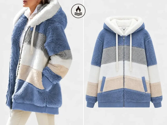 💥✨ 【Izjemna ponudba】 Nova ženska črtasta plišasta jakna s kombinacijo barv in dodatno podlogo [S–5XL] — Odlična toplota — Brezplačna dostava