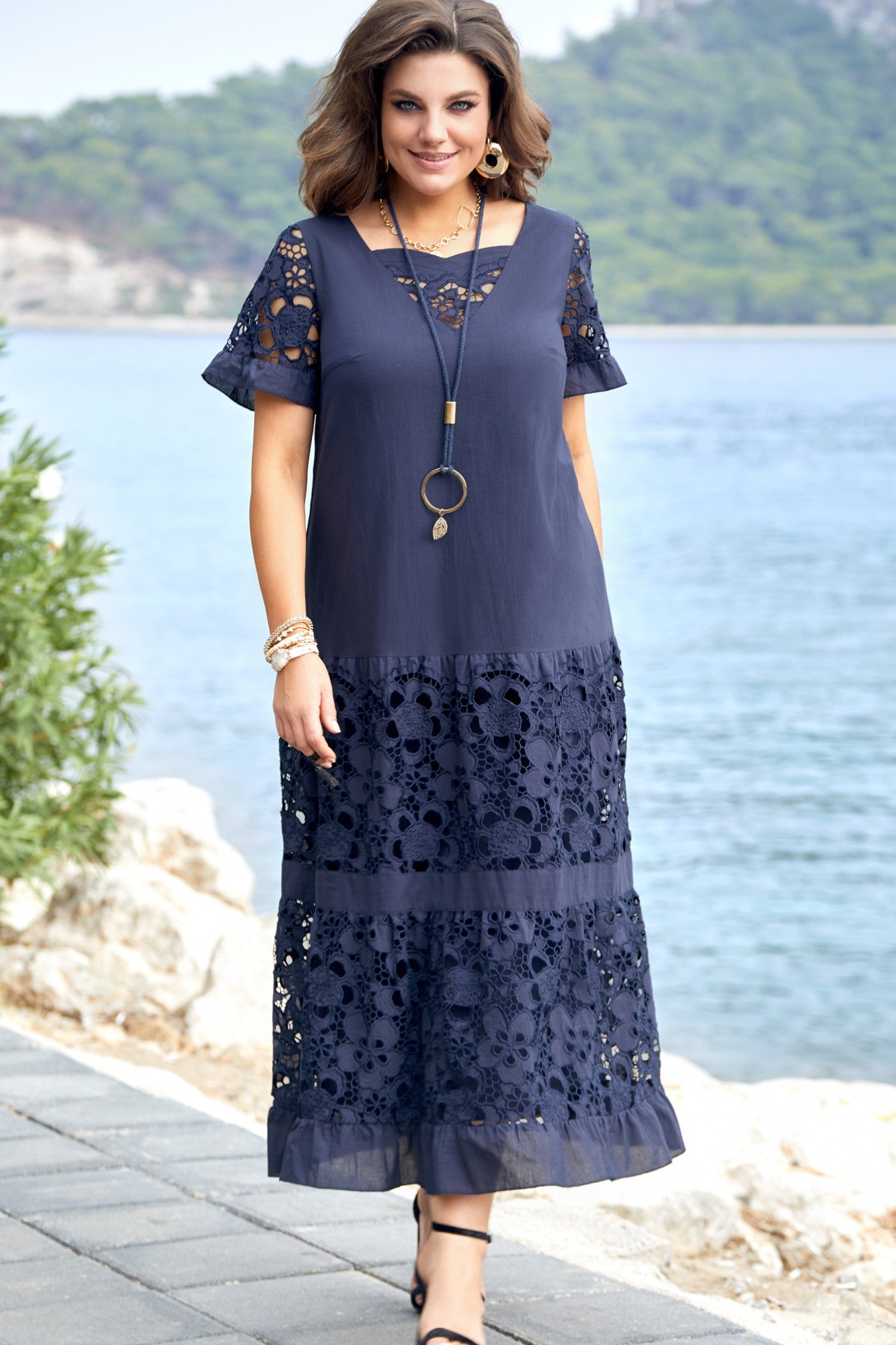🔥💖【S-5XL】 Modna čipkasta enobarvna obleka 3676002