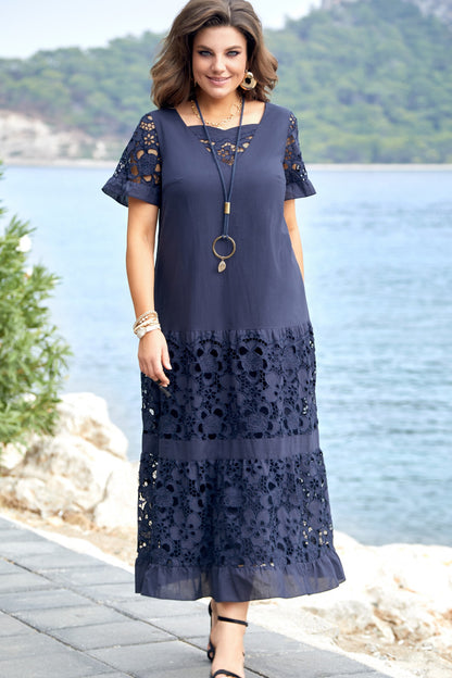 🔥💖【S-5XL】 Modna čipkasta enobarvna obleka 3676002
