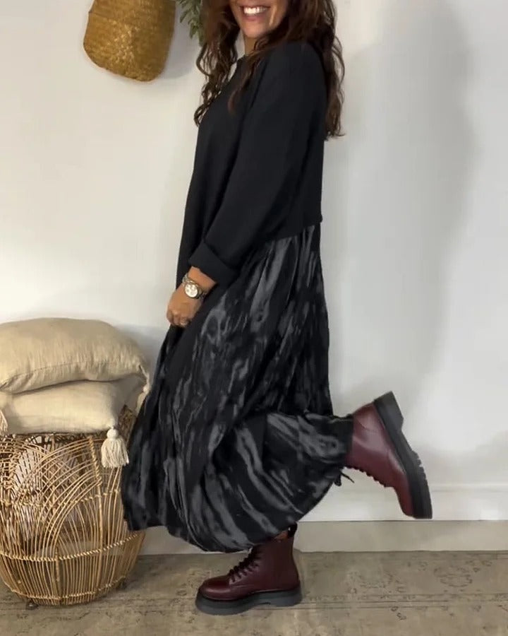 ✨【S-3XL】Ženska ohlapna obleka z okroglim izrezom, okrašena z nepravilnim vzorcem patchworka, vsestranska in udobna.