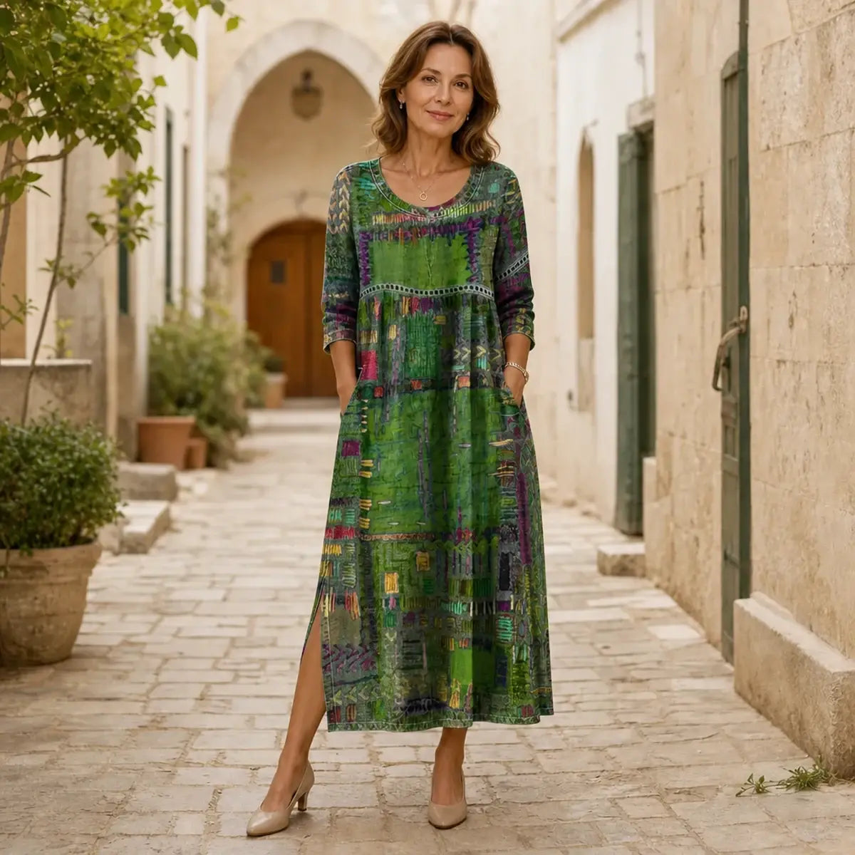 💟【S-5XL】Vestido de mujer de algodón puro, estampado étnico, patchwork, ribete de encaje