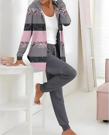 🔥Nuevo conjunto casual de dos piezas estampado para mujer, que incluye chaqueta de manga larga y pantalón.
