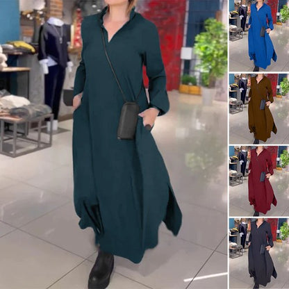 🔥【Výprodej】【S-3XL】Jednobarevné ležérní šaty s výstřihem do V a dlouhým rukávem 4243203