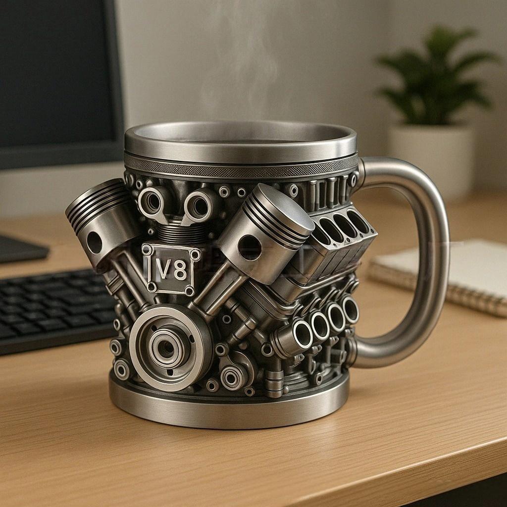 ⚙️ 3D mehanska skodelica za kavo iz nerjavečega jekla V6V8