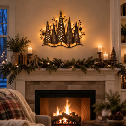 ⭐🎄🕯️ Osvetljena kovinska stenska dekoracija z gozdnim motivom in pridihom vintage sloga 🌙