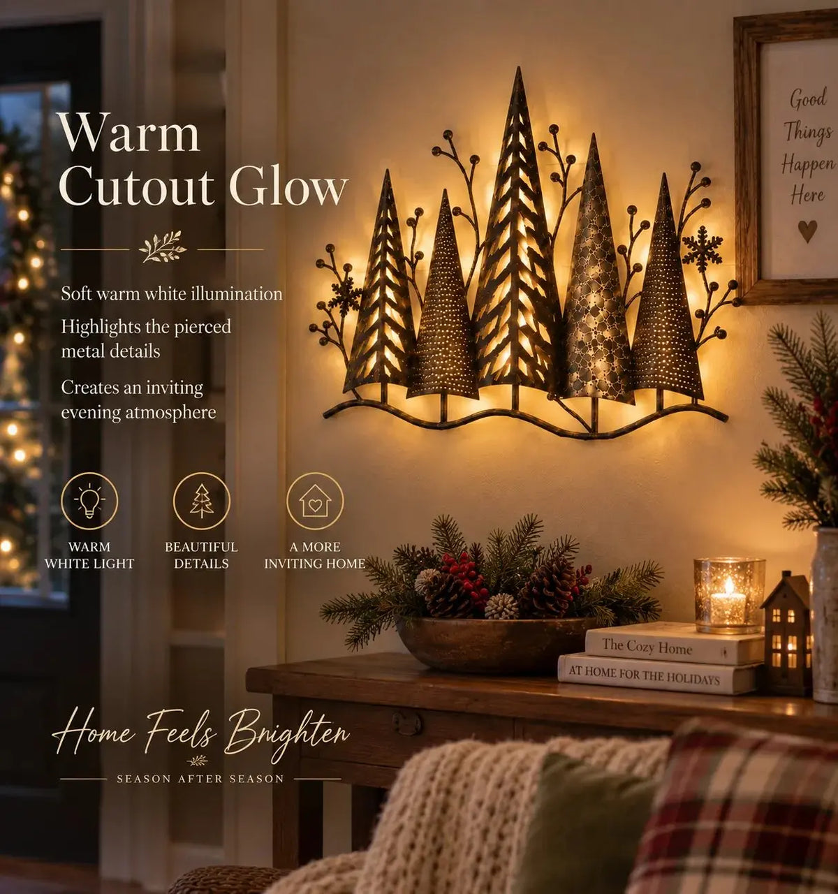 ⭐🎄🕯️ Osvetljena kovinska stenska dekoracija z gozdnim motivom in pridihom vintage sloga 🌙