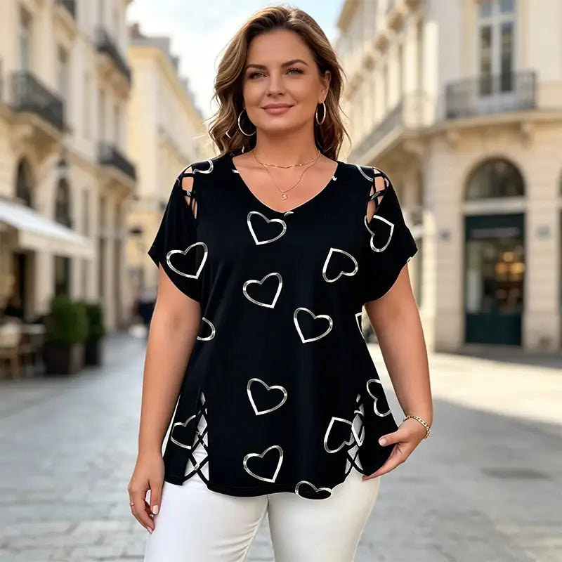 👚【S-5XL】Modna koszulka z dekoltem w serek i wycięciem w kształcie serca-4300305