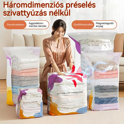 🧳【5 darabos készlet】💨 Nagy, összenyomható vákuumos tárolózsák: nincs szükség pumpára, szivárgásmentes, és ideális helytakarékosságra bőröndökben és otthon ✈️