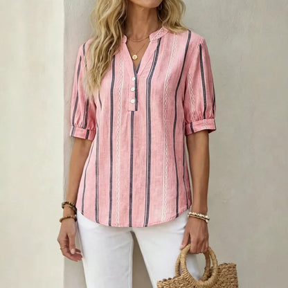 👚 🌺【 sleva 50 %】Letní pruhovaná halenka s krátkým rukávem z prodyšné směsi bavlny a lnu.